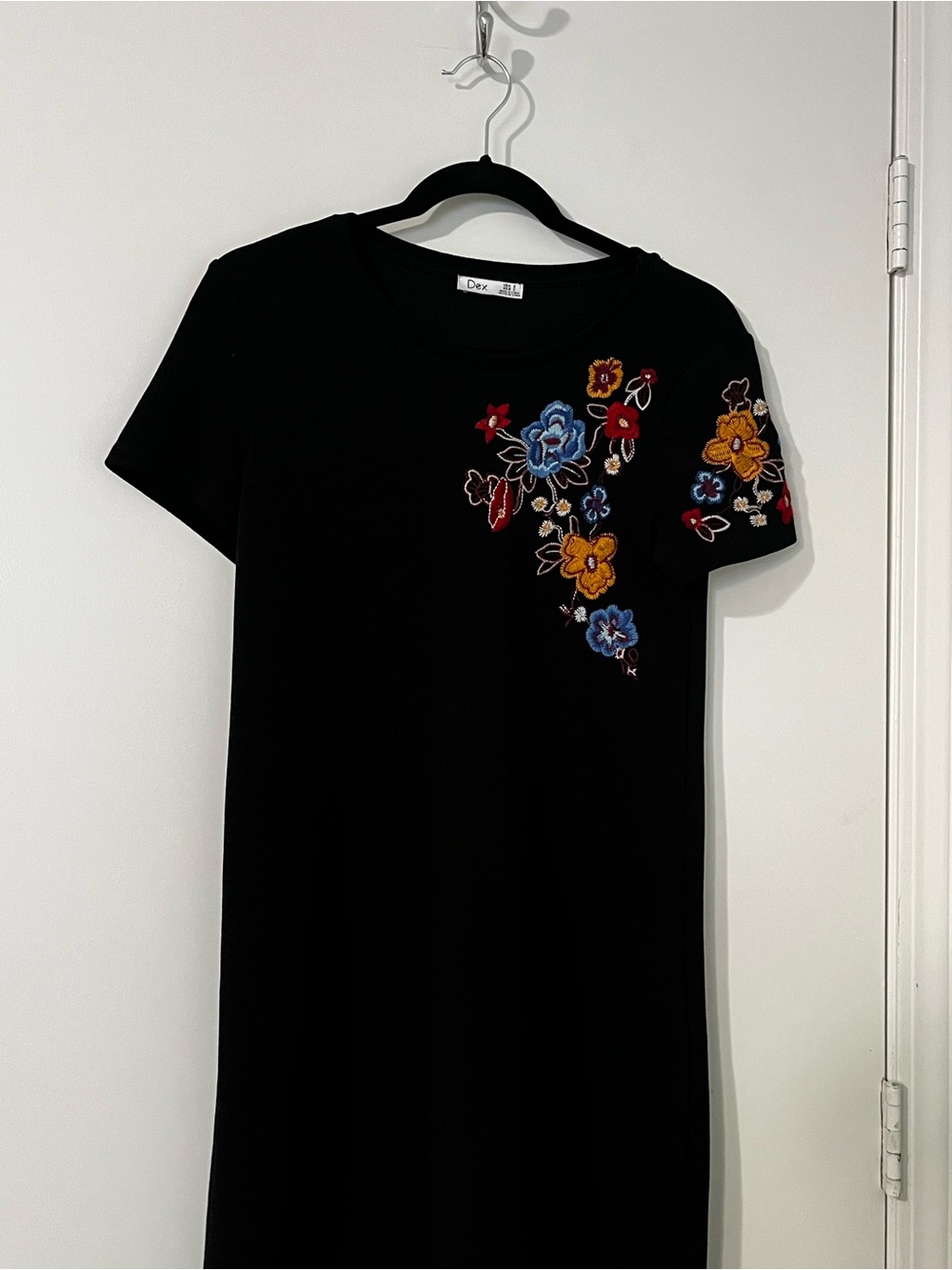Dex Black Mini Dress with Multicolor Floral Embroidery Never Worn